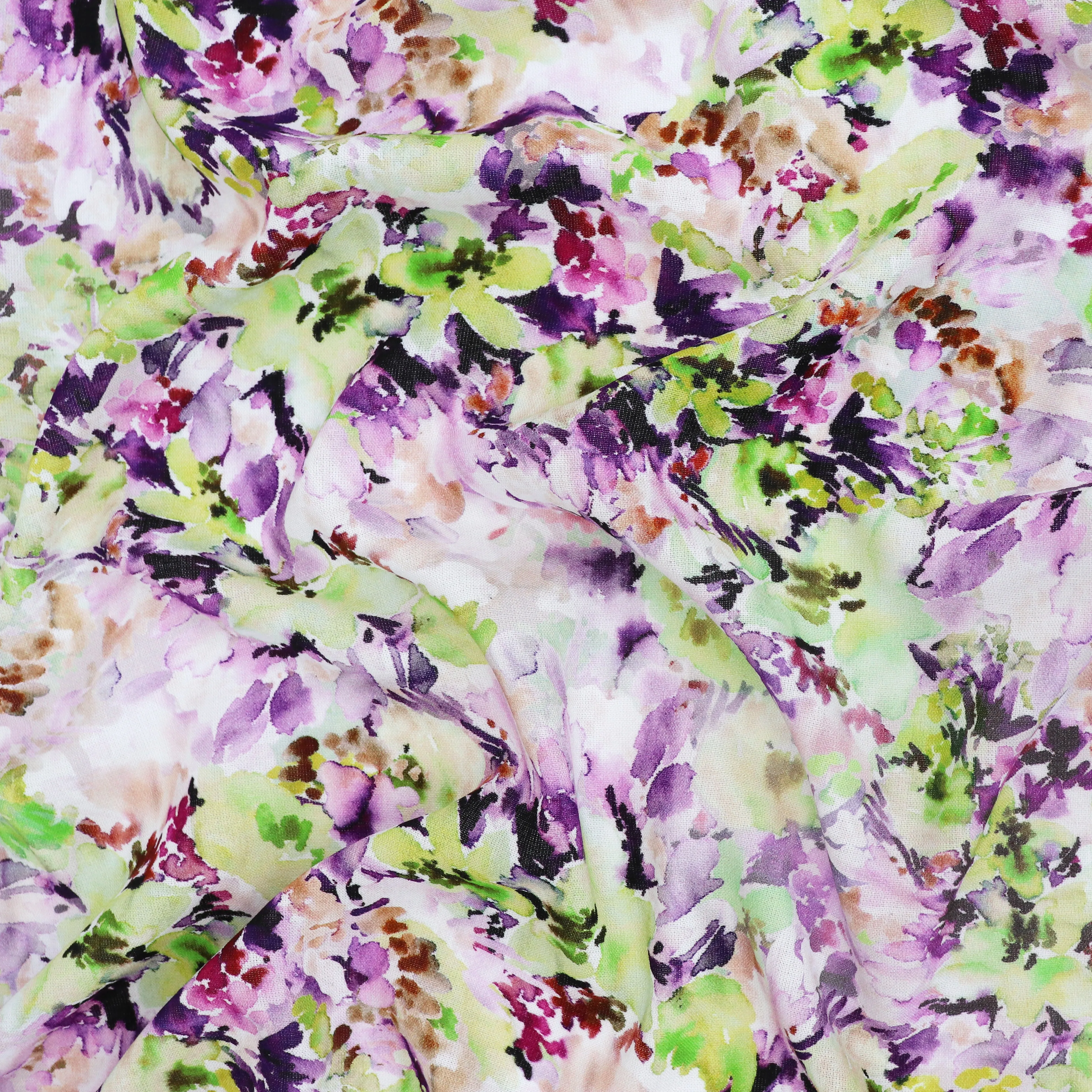 Viscose Linen - Watercolour Floral - Green   Purple - END OF BOLT 58cm