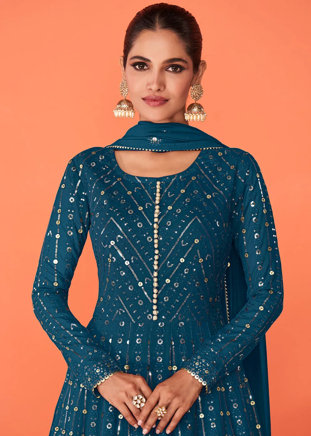 Vivacious Teal Blue Georgette Festive Anarkali Featuring Vartika Singh