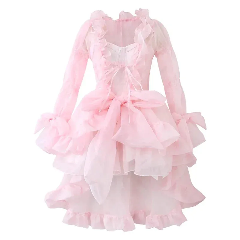 Voguable Kawaii Ruffle Puffy Women 3-piece Set Dress Underskirt Shawl Shrug Princess Pink Mini Evening High Low Dress Lolita Tutu Train