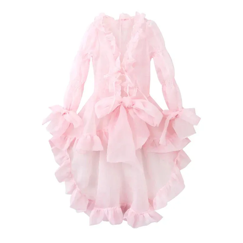 Voguable Kawaii Ruffle Puffy Women 3-piece Set Dress Underskirt Shawl Shrug Princess Pink Mini Evening High Low Dress Lolita Tutu Train