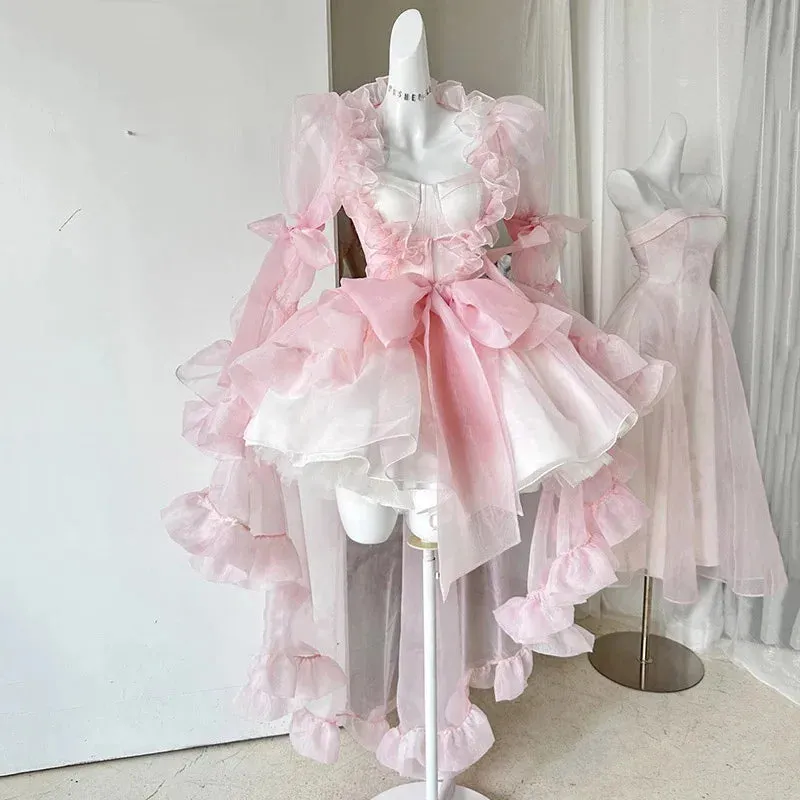 Voguable Kawaii Ruffle Puffy Women 3-piece Set Dress Underskirt Shawl Shrug Princess Pink Mini Evening High Low Dress Lolita Tutu Train