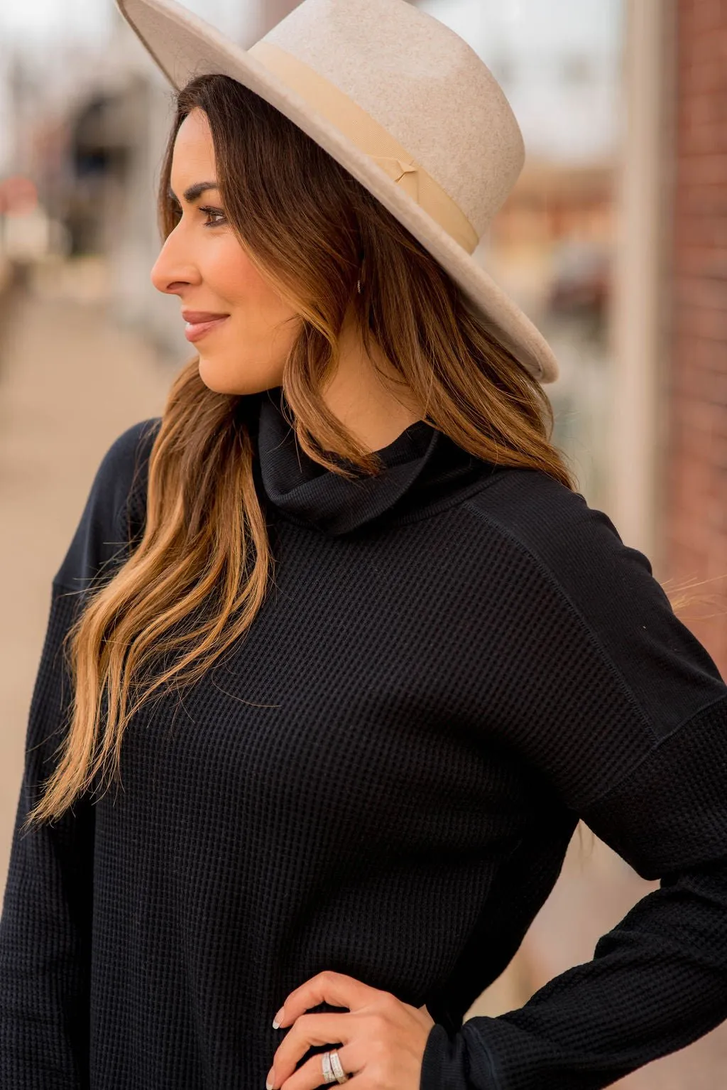 Waffled Solid Accented Cowl Neck Sweatshirt