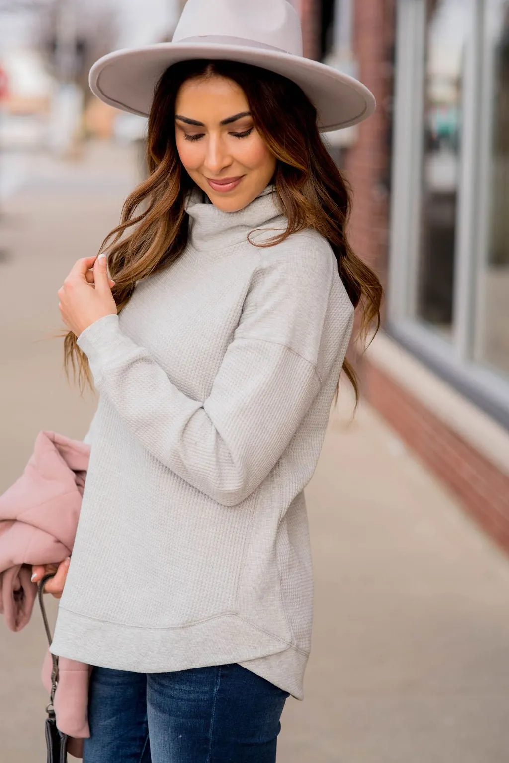 Waffled Solid Accented Cowl Neck Sweatshirt