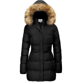 WenVen Women's Winter Thicken Padded Parka Jacket with Hood (Black,L)