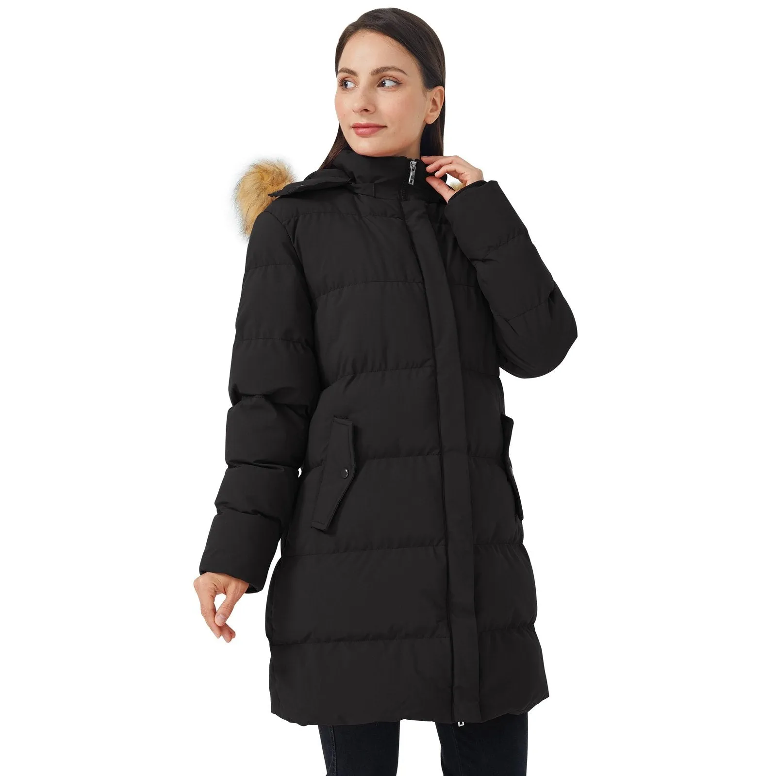 WenVen Women's Winter Thicken Padded Parka Jacket with Hood (Black,L)