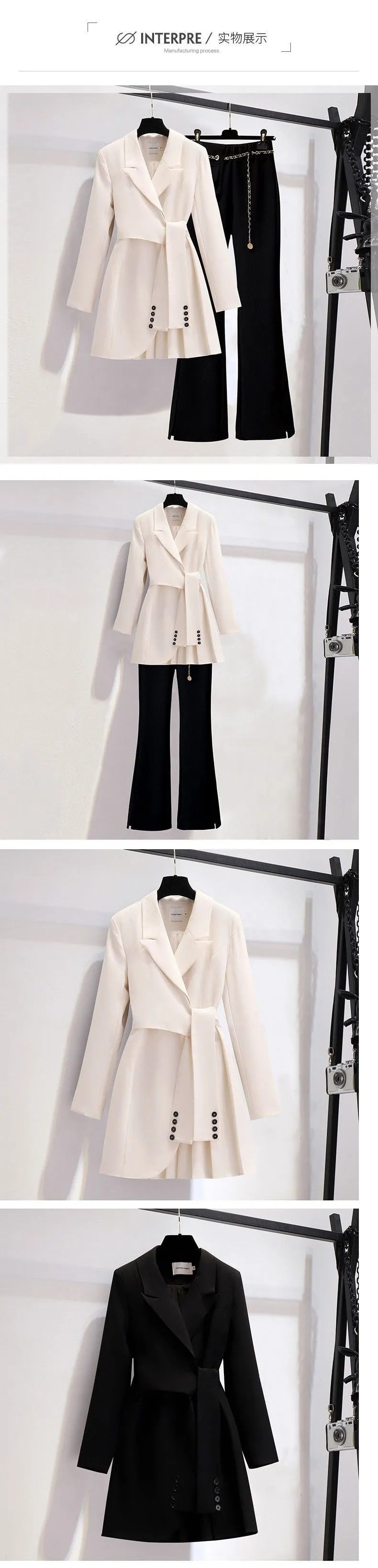 Wjczt Spring new long sleeved trousers Lapel Leisure suit elegant button belt decorative women&#39;s coat pants two-piece set