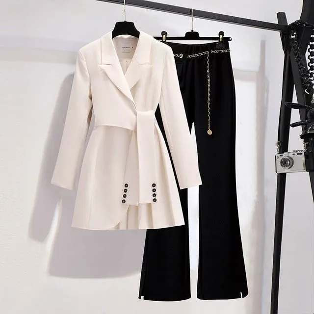 Wjczt Spring new long sleeved trousers Lapel Leisure suit elegant button belt decorative women&#39;s coat pants two-piece set