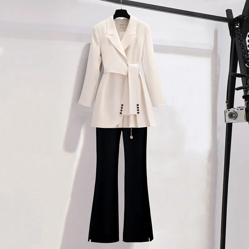 Wjczt Spring new long sleeved trousers Lapel Leisure suit elegant button belt decorative women&#39;s coat pants two-piece set