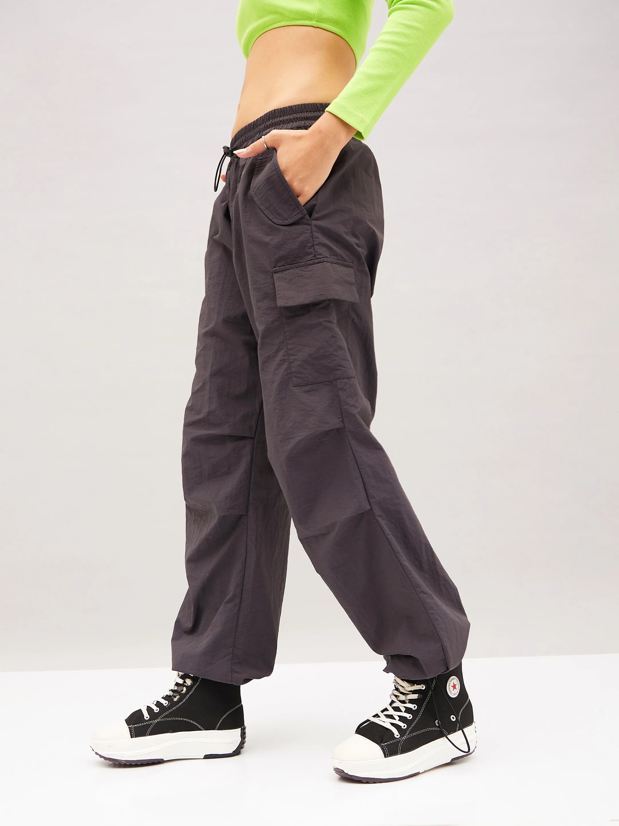 Women Grey Pleated Knee Cargo Parachute Pants