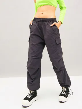 Women Grey Pleated Knee Cargo Parachute Pants