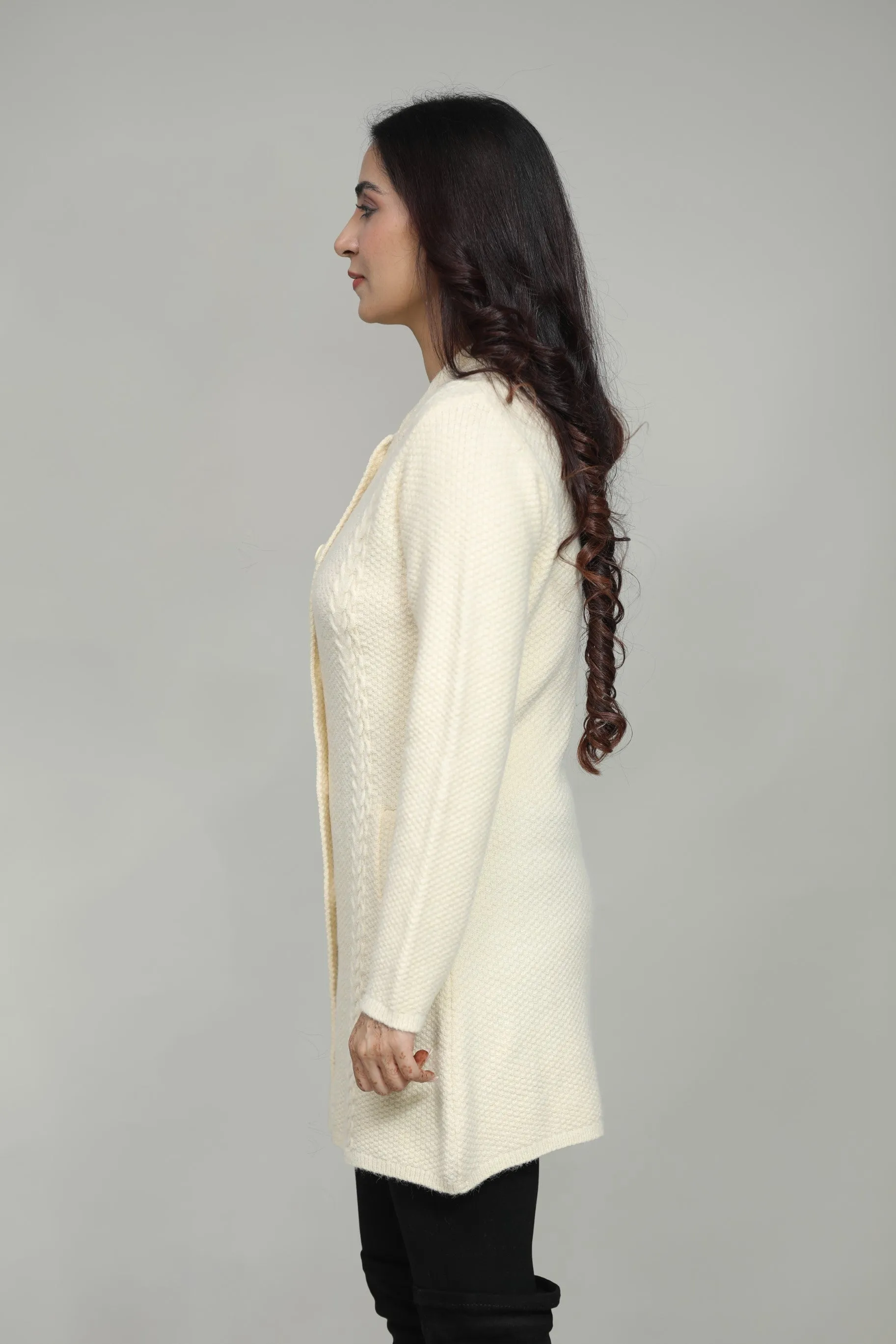 Women Knitted T-Neck Long Coat With Front Buttons