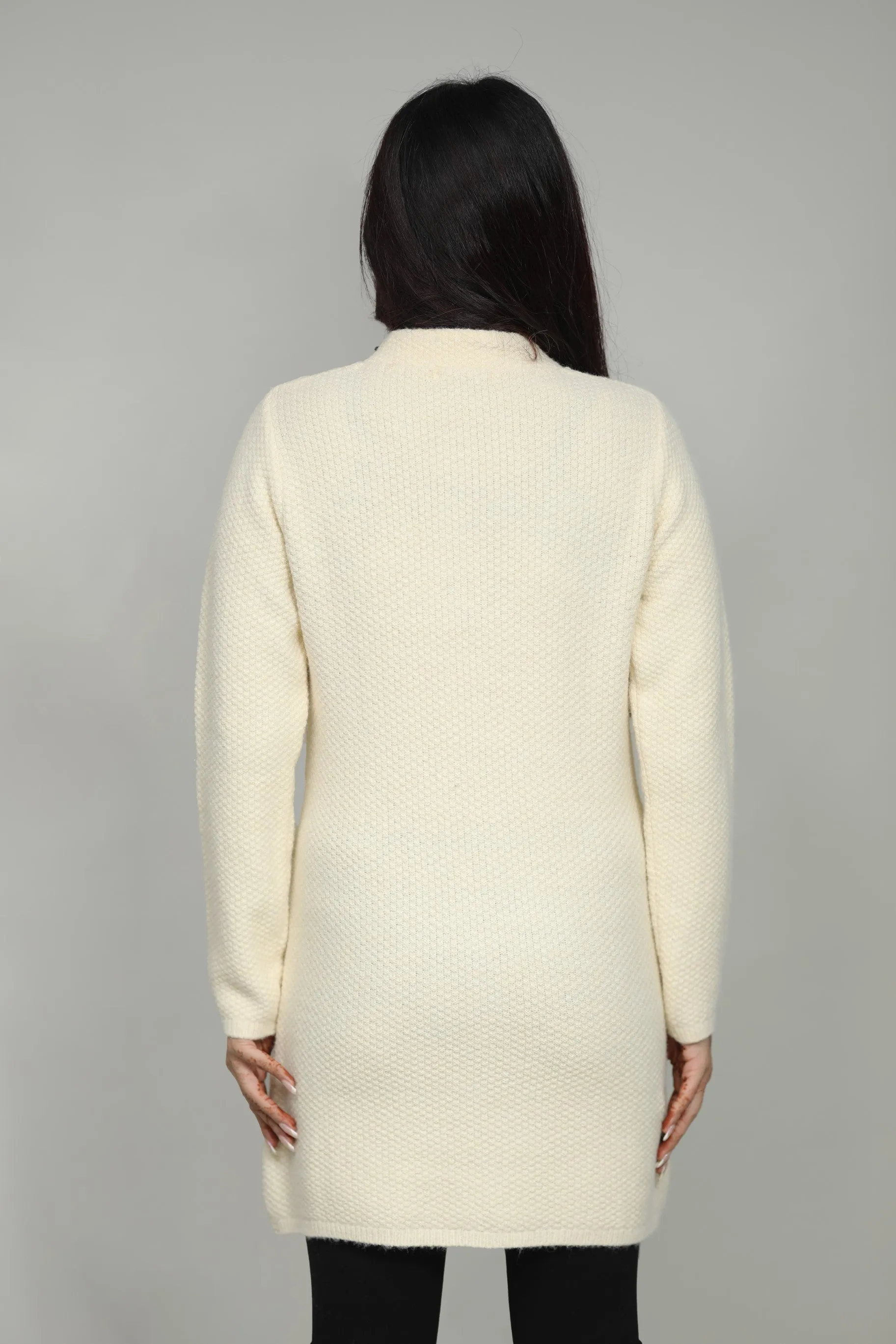 Women Knitted T-Neck Long Coat With Front Buttons