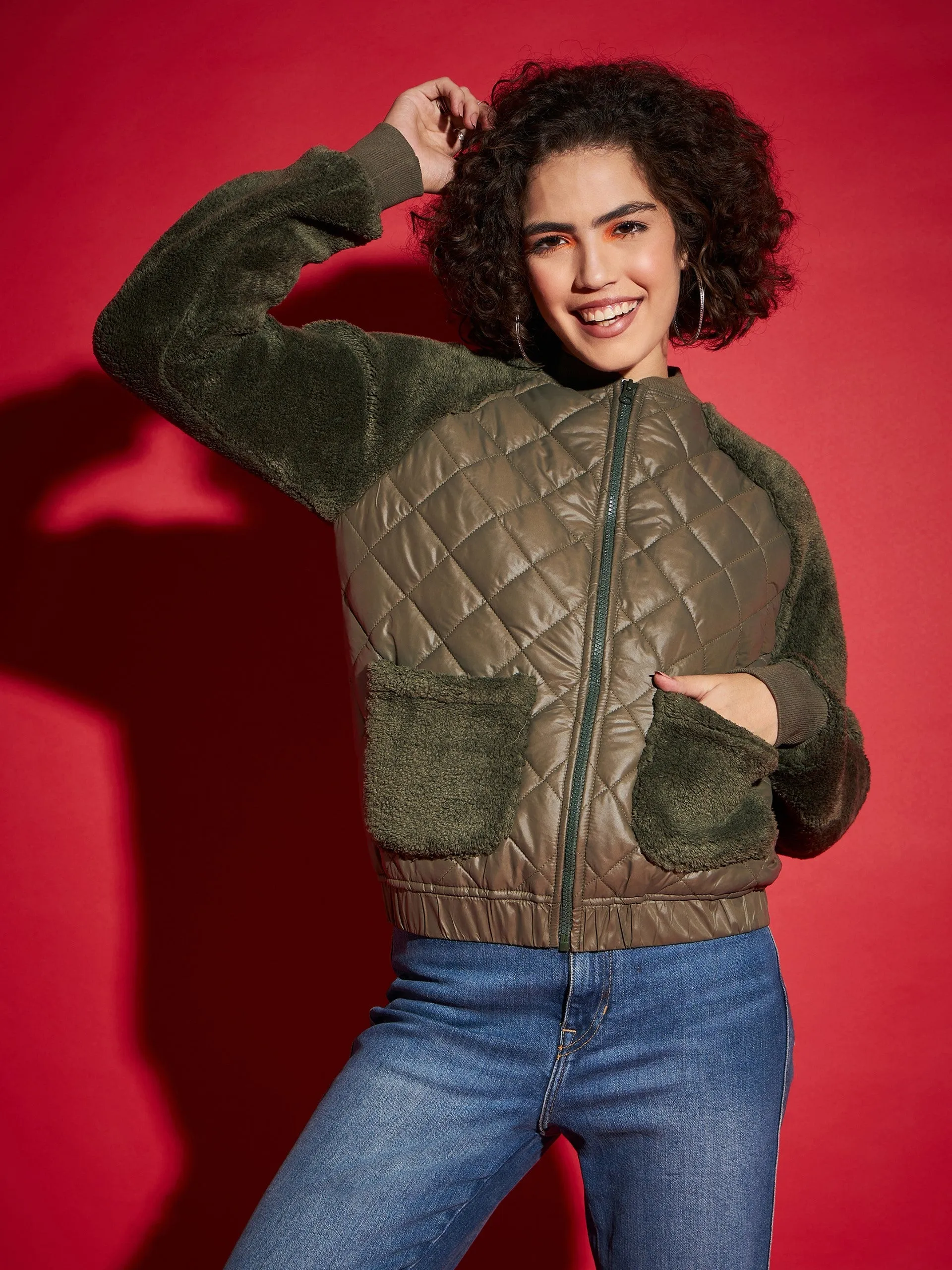 Women Olive Faux Fur Detail Bomber Jacket