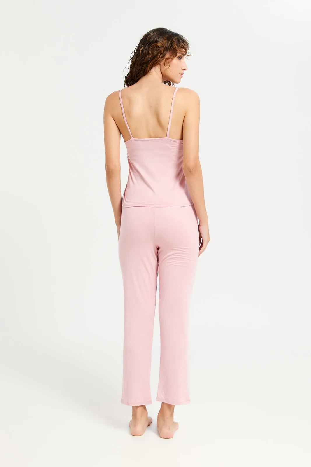 Women Pink Embellished Long Pants Cami Set (2 Piece)