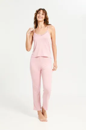 Women Pink Embellished Long Pants Cami Set (2 Piece)