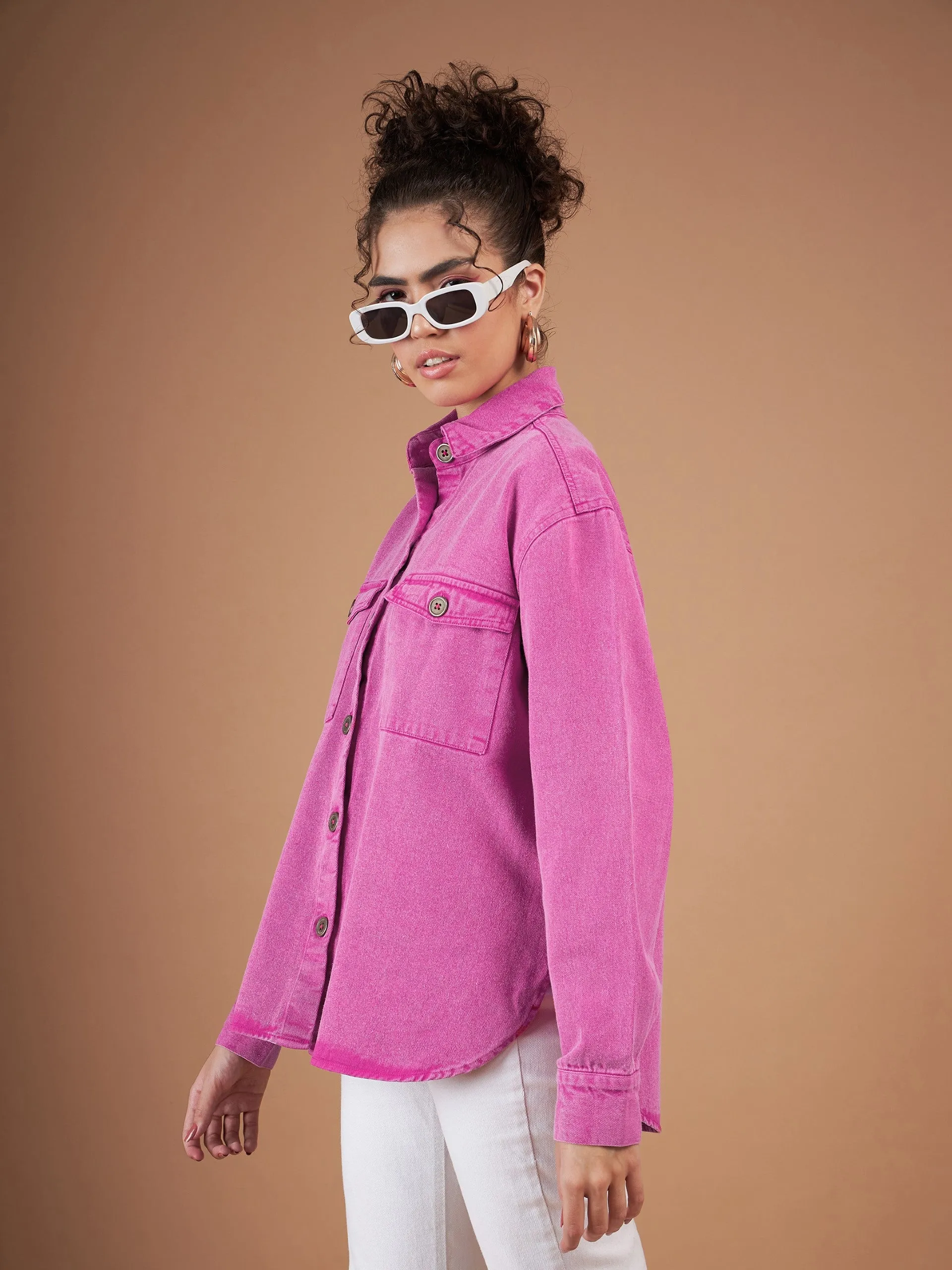 Women Pink Washed Denim Shacket