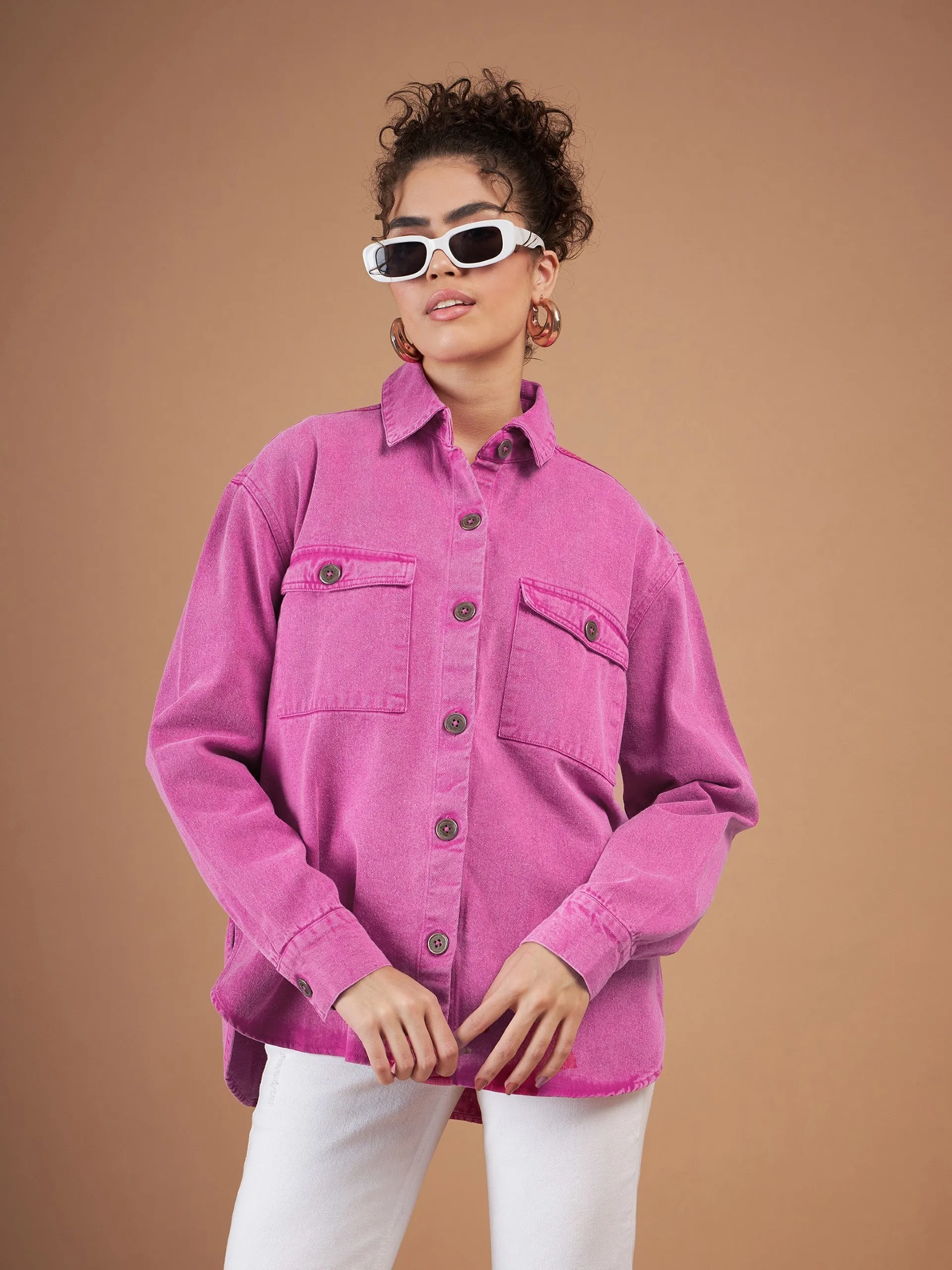 Women Pink Washed Denim Shacket