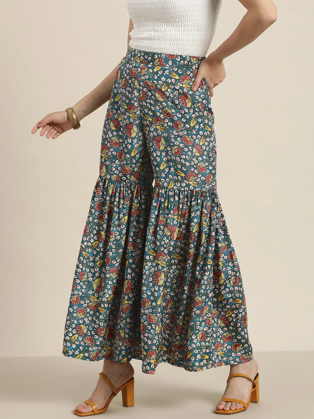 Women Teal Floral Gathered Sharara Pants