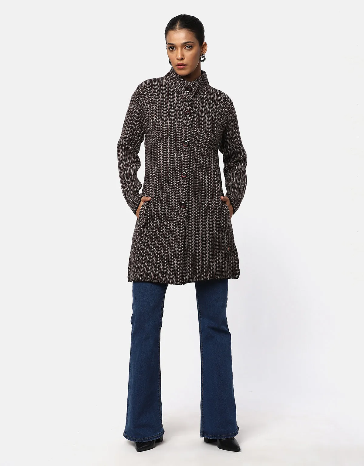 Women Woolen Front Buttons Long Coat