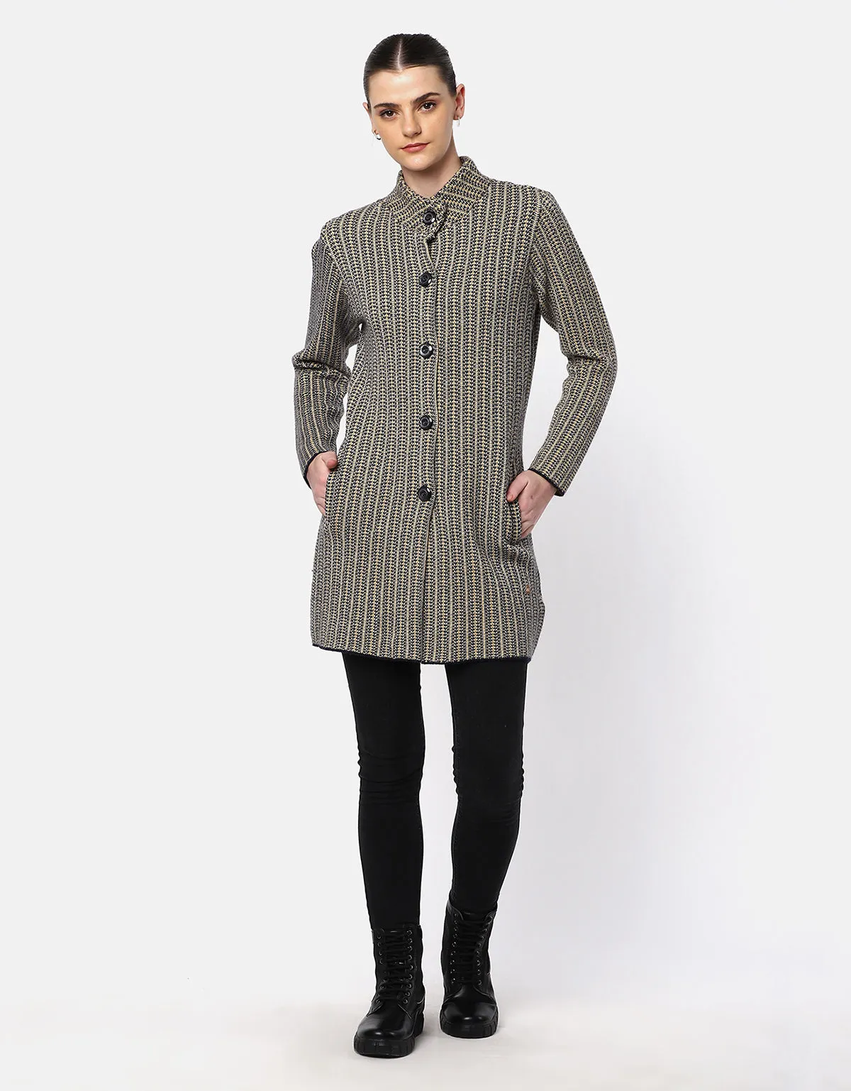 Women Woolen Front Buttons Long Coat