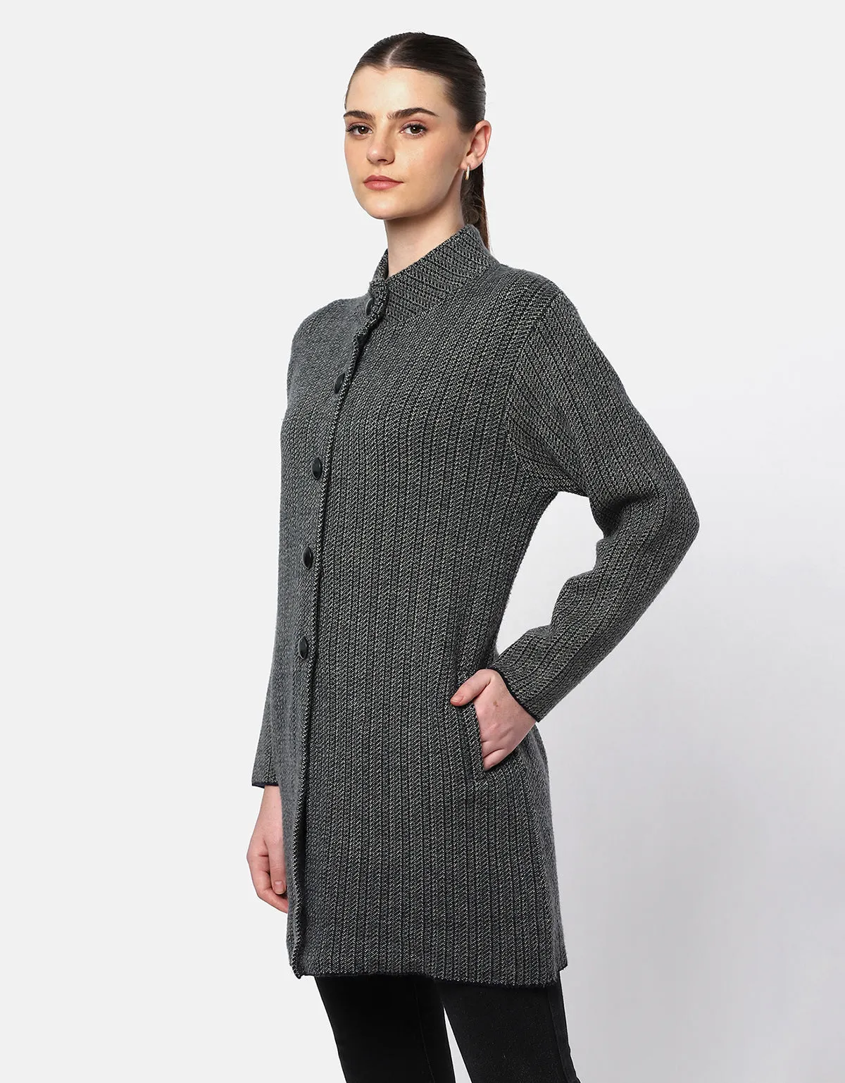 Women Woolen Front Buttons Long Coat