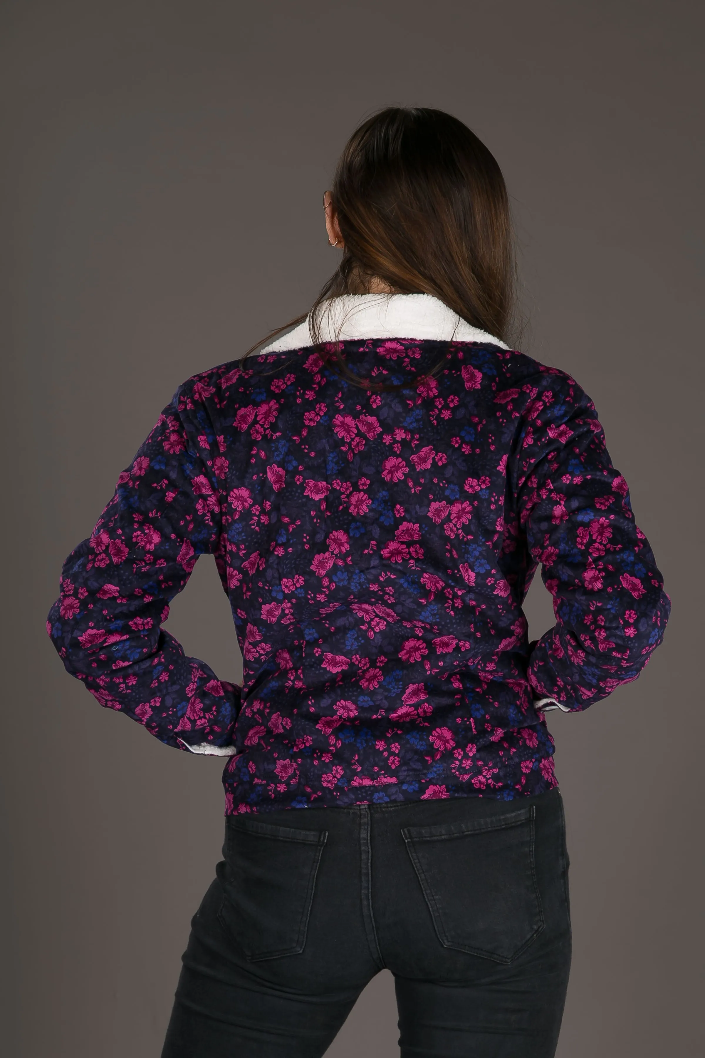 Womens Floral Print Wool Jacket Shearling Fur Lining