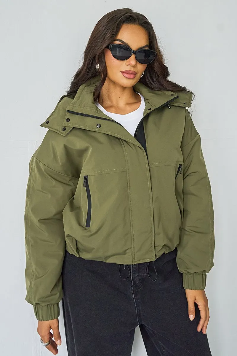 Women's Khaki Street Stand Collar Hooded Zip-Up Long Sleeve Trench Coat With Toggle