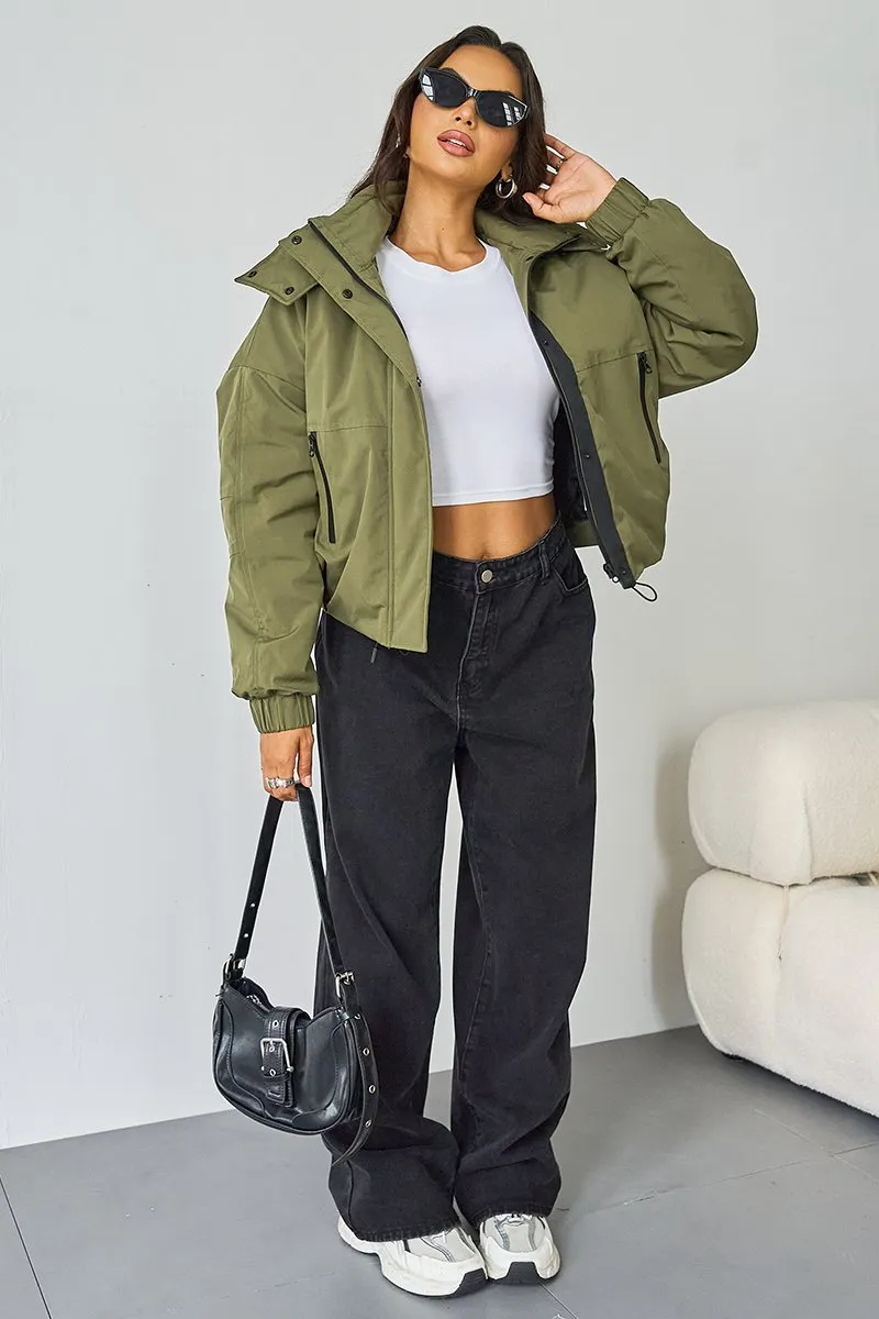 Women's Khaki Street Stand Collar Hooded Zip-Up Long Sleeve Trench Coat With Toggle