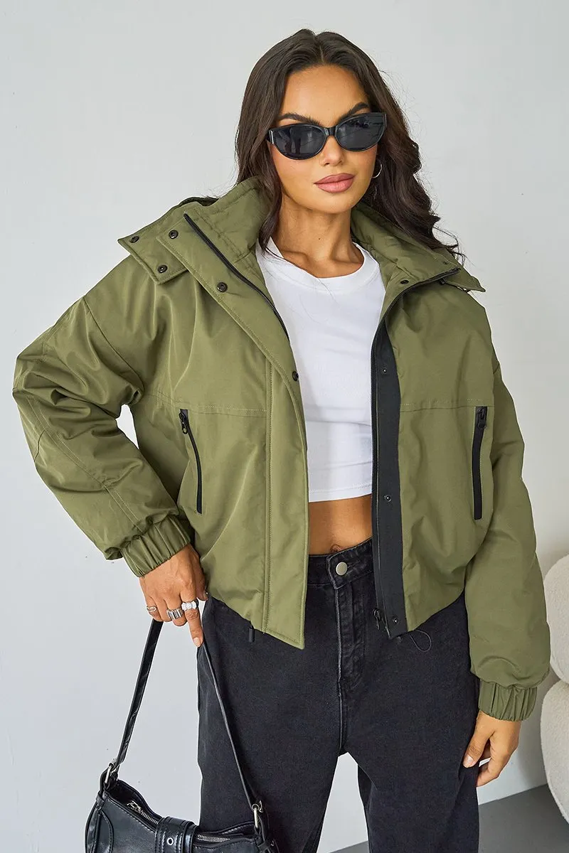 Women's Khaki Street Stand Collar Hooded Zip-Up Long Sleeve Trench Coat With Toggle