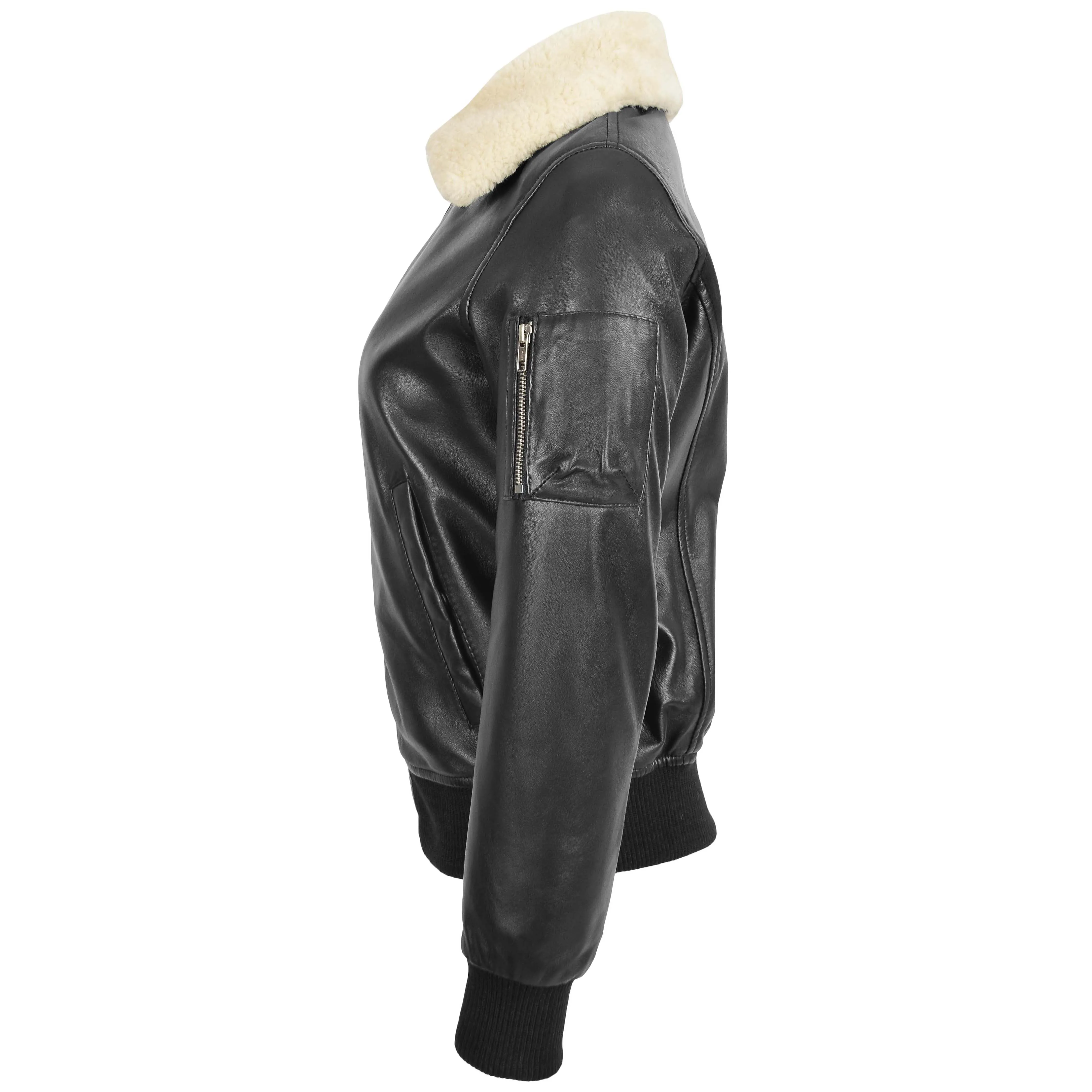 Womens Leather Bomber Jacket Removable Collar Thea Black