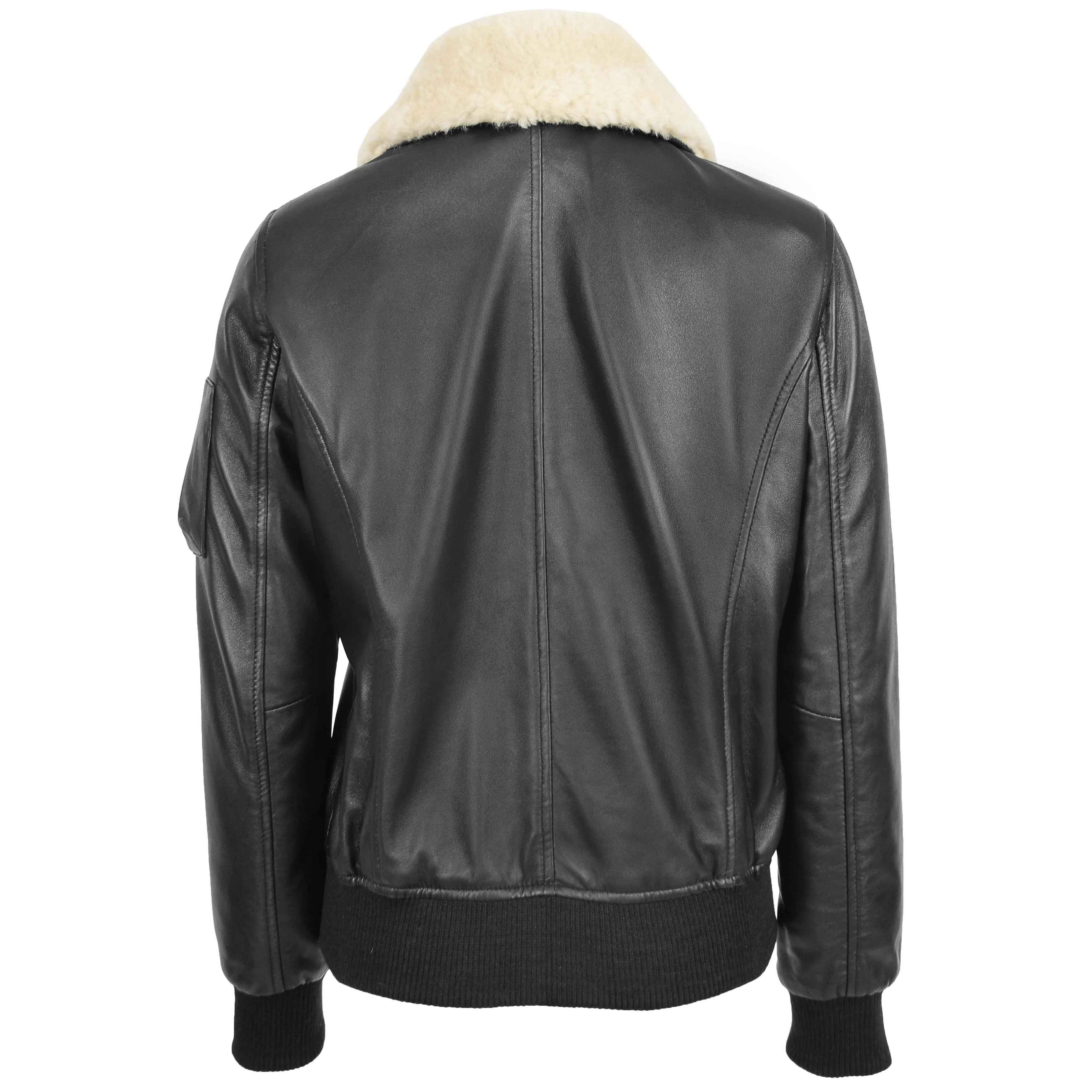 Womens Leather Bomber Jacket Removable Collar Thea Black