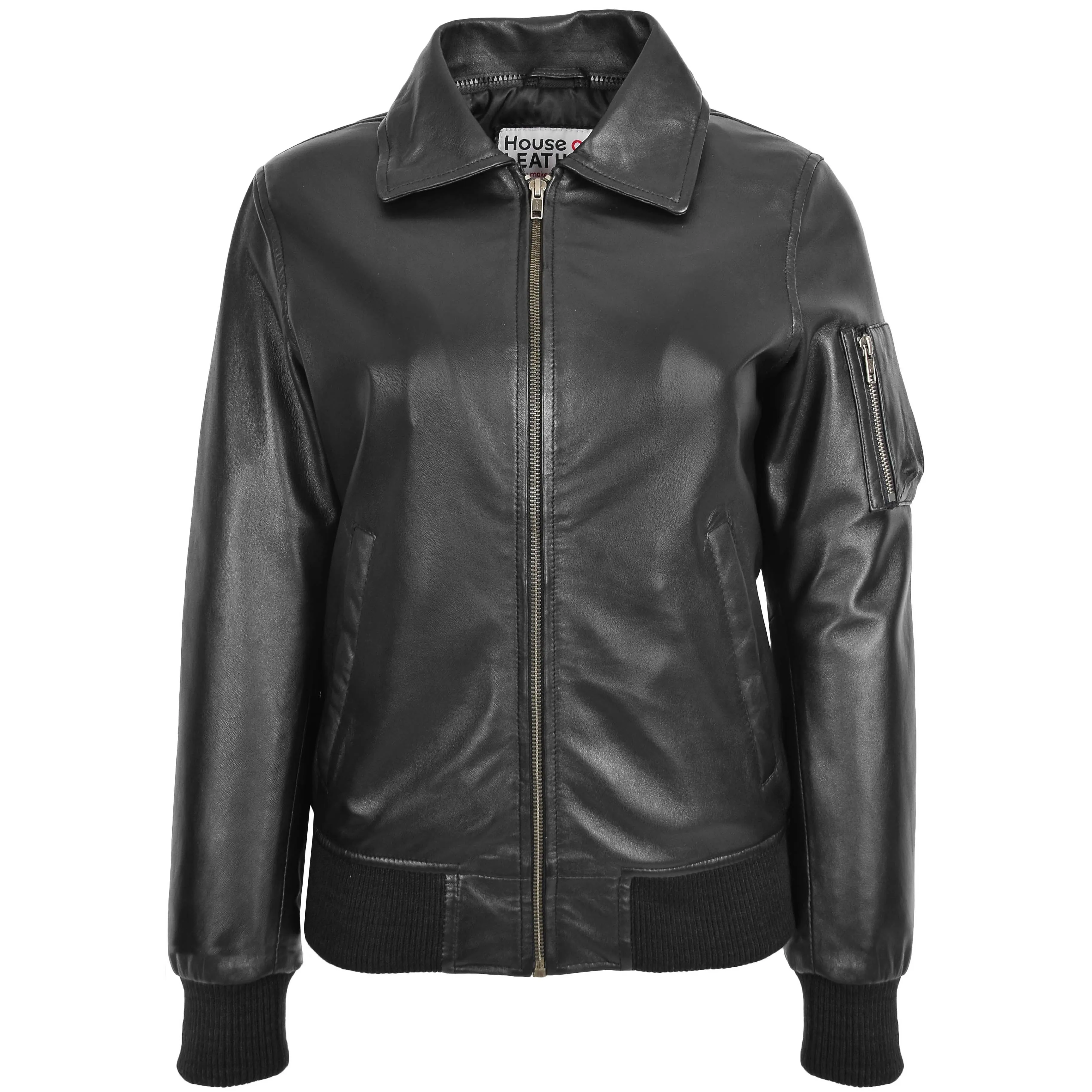 Womens Leather Bomber Jacket Removable Collar Thea Black