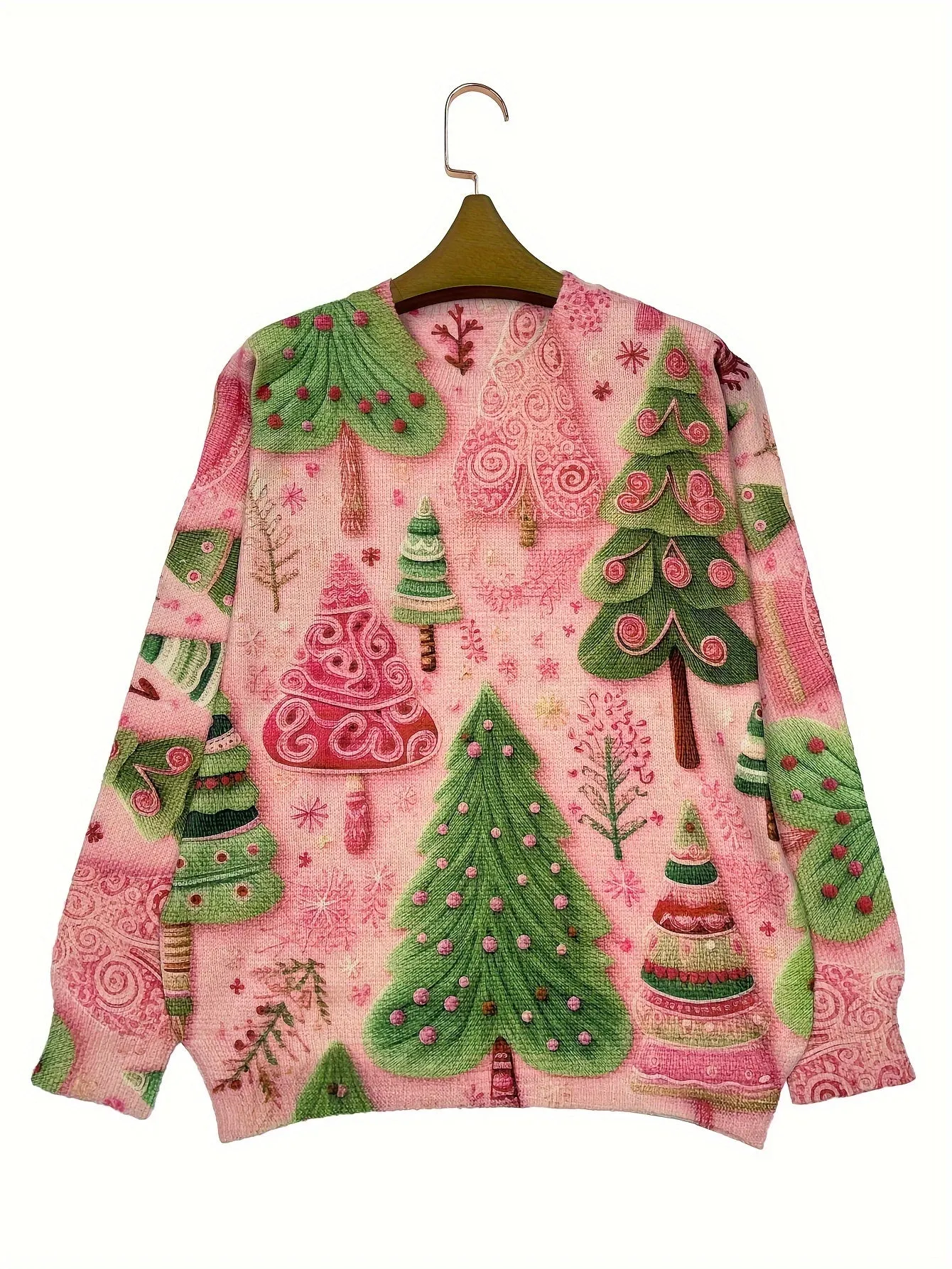 Women's Lightweight Christmas Tree Print Crew Neck Sweater - Casual Long Sleeve Knit Pullover, Soft Polyester & Spandex Blend, Non-Sheer, Perfect for All Seasons