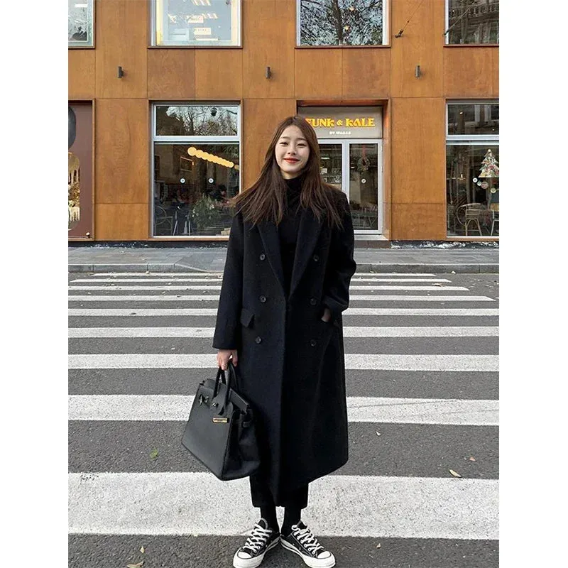 Womens Long Wool Blend Coat with Turn-Down Collar, Double Breasted, Pockets - Autumn/Winter Fashion