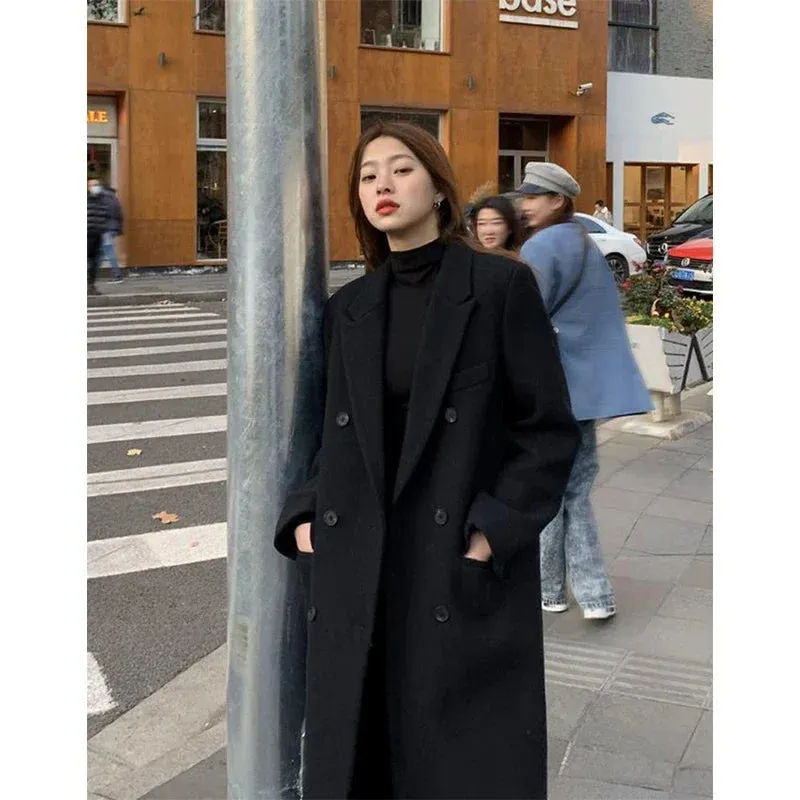 Womens Long Wool Blend Coat with Turn-Down Collar, Double Breasted, Pockets - Autumn/Winter Fashion