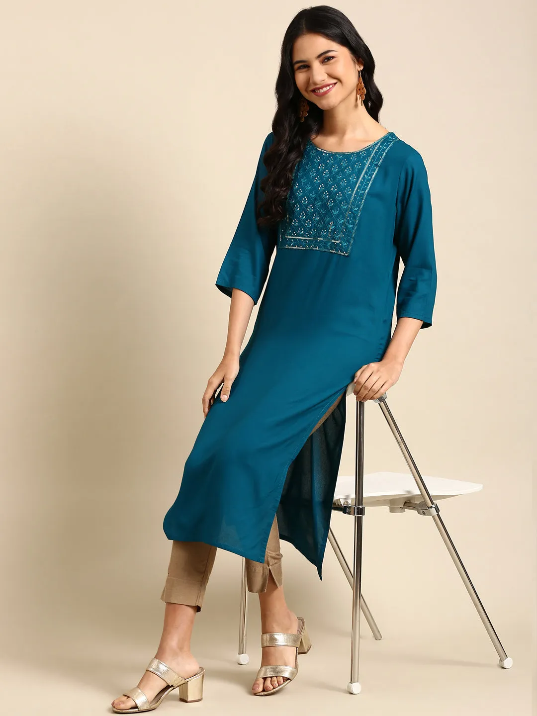 Women's Teal Solid Straight Kurta