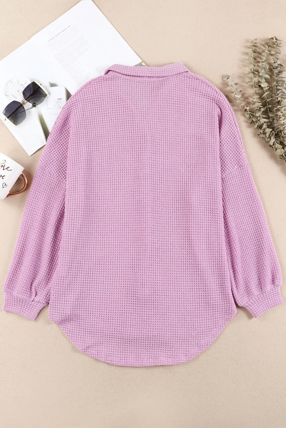 Womens Waffle Knit Shacket Jacket Button Up Casual Blouse Shirt with Pockets