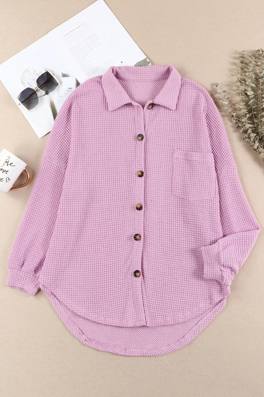 Womens Waffle Knit Shacket Jacket Button Up Casual Blouse Shirt with Pockets