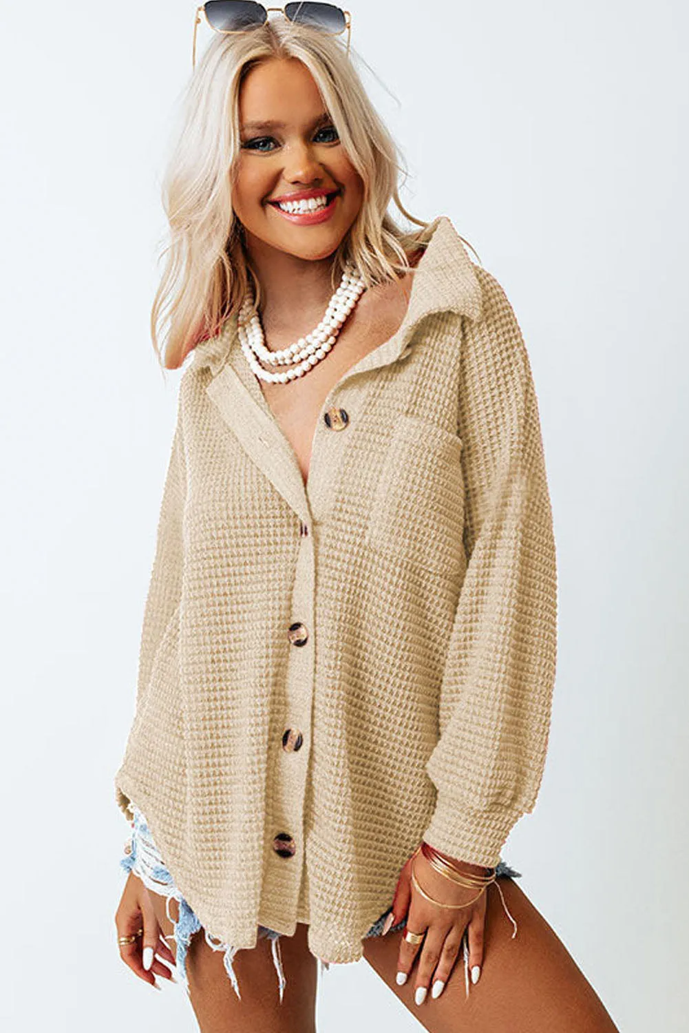 Womens Waffle Knit Shacket Jacket Button Up Casual Blouse Shirt with Pockets