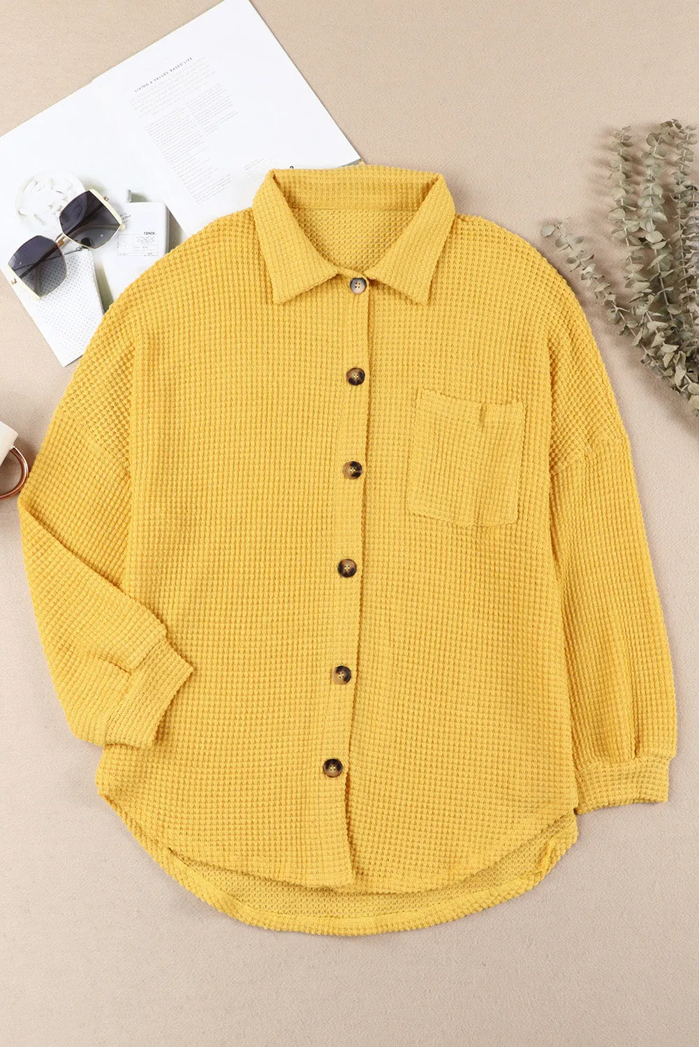 Womens Waffle Knit Shacket Jacket Button Up Casual Blouse Shirt with Pockets