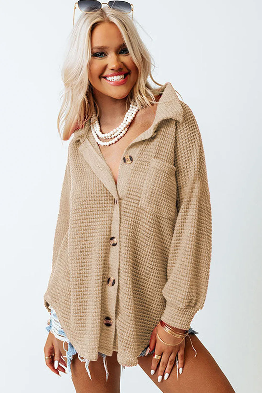 Womens Waffle Knit Shacket Jacket Button Up Casual Blouse Shirt with Pockets