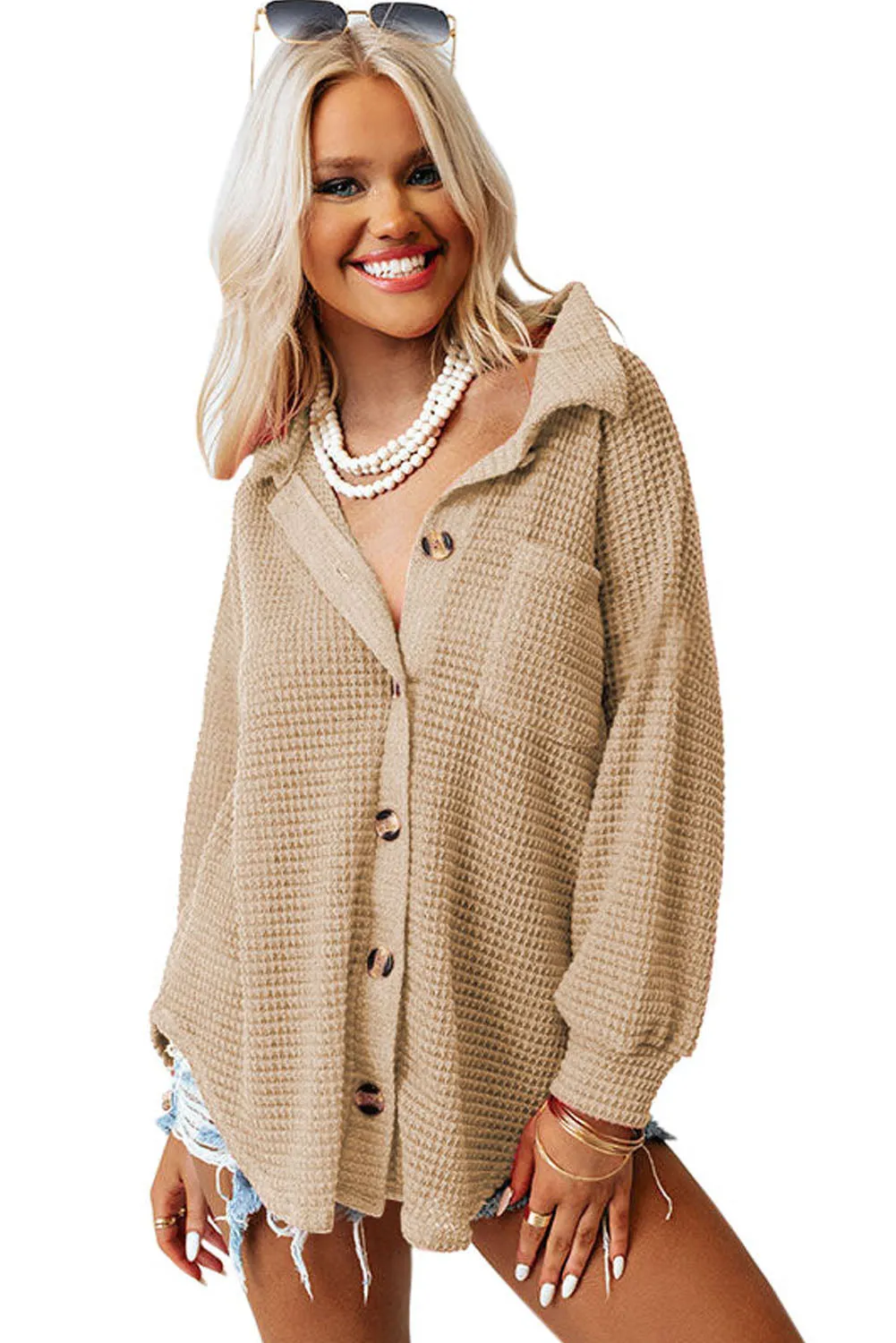 Womens Waffle Knit Shacket Jacket Button Up Casual Blouse Shirt with Pockets