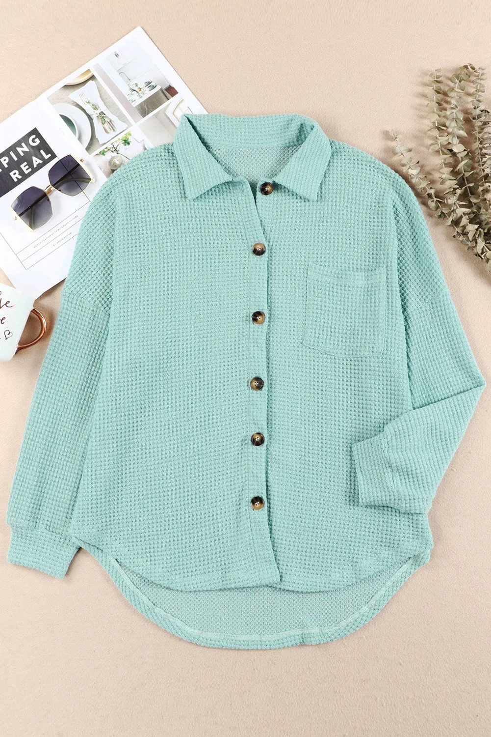 Womens Waffle Knit Shacket Jacket Button Up Casual Blouse Shirt with Pockets