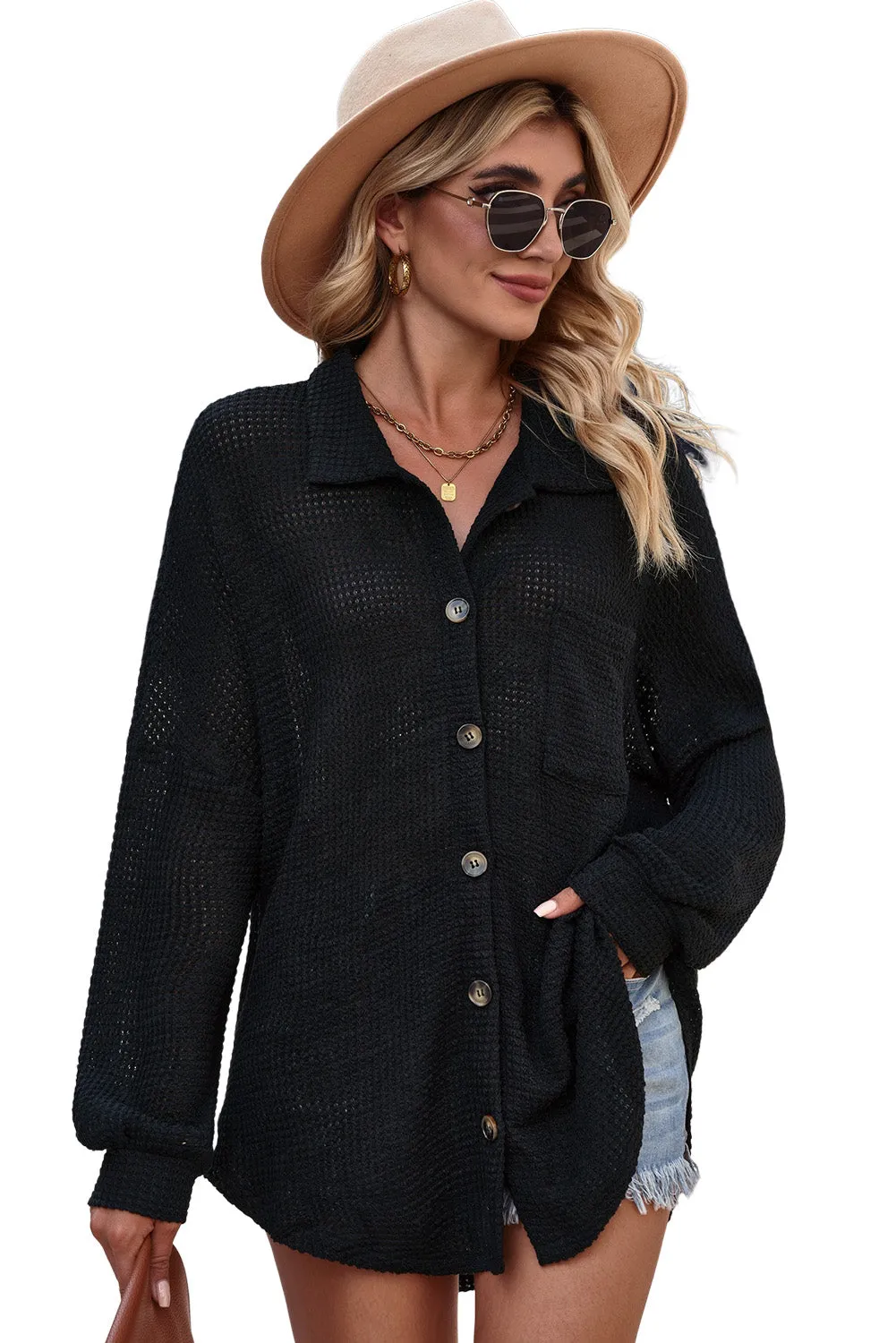 Womens Waffle Knit Shacket Jacket Button Up Casual Blouse Shirt with Pockets