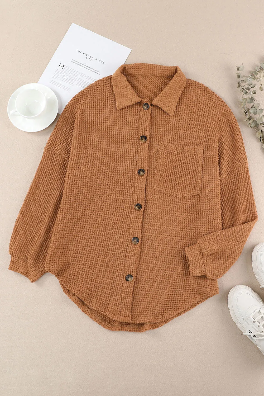 Womens Waffle Knit Shacket Jacket Button Up Casual Blouse Shirt with Pockets