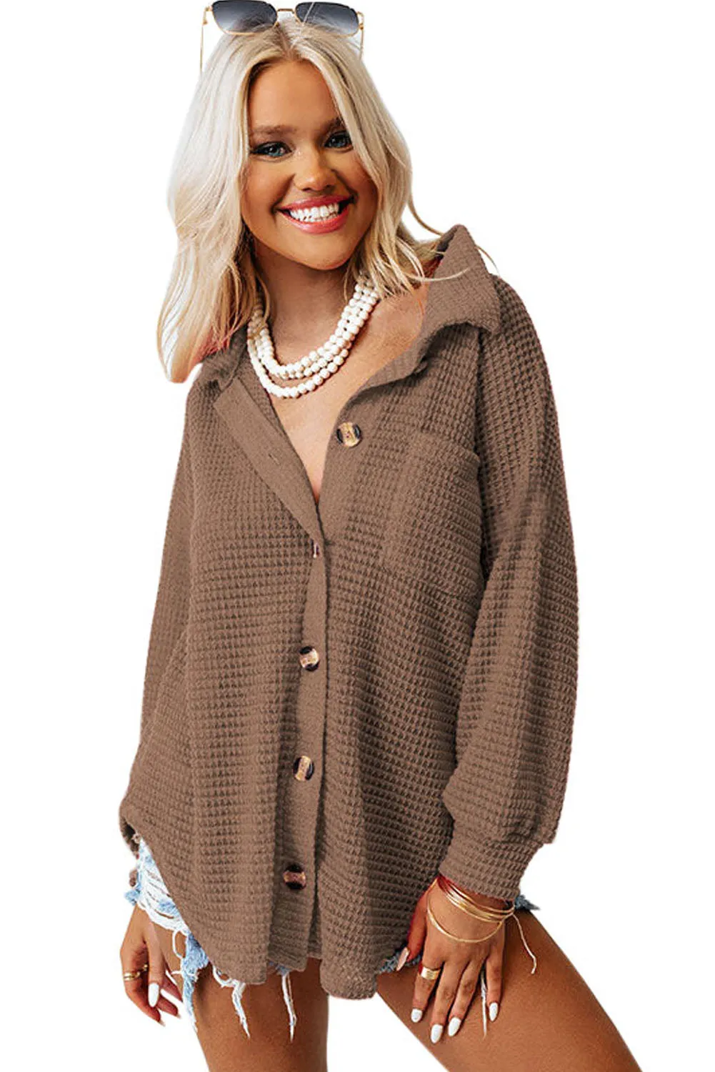 Womens Waffle Knit Shacket Jacket Button Up Casual Blouse Shirt with Pockets