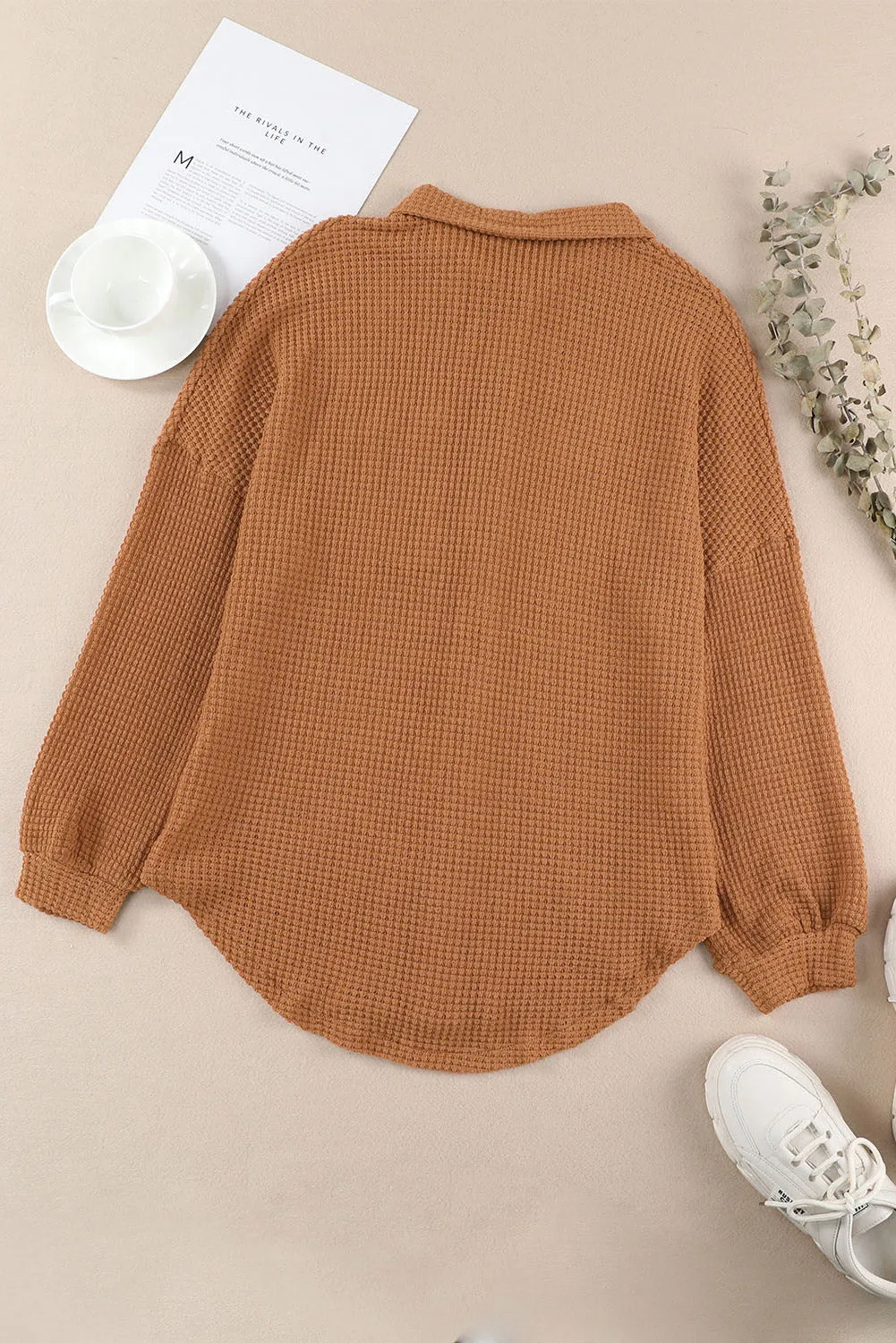 Womens Waffle Knit Shacket Jacket Button Up Casual Blouse Shirt with Pockets