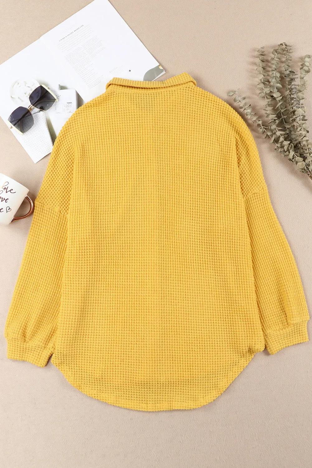 Womens Waffle Knit Shacket Jacket Button Up Casual Blouse Shirt with Pockets