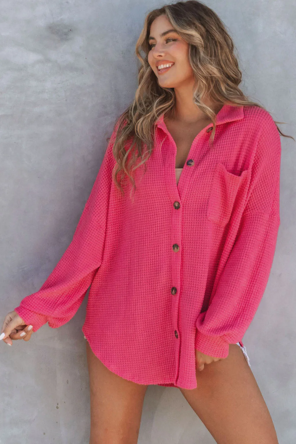 Womens Waffle Knit Shacket Jacket Button Up Casual Blouse Shirt with Pockets