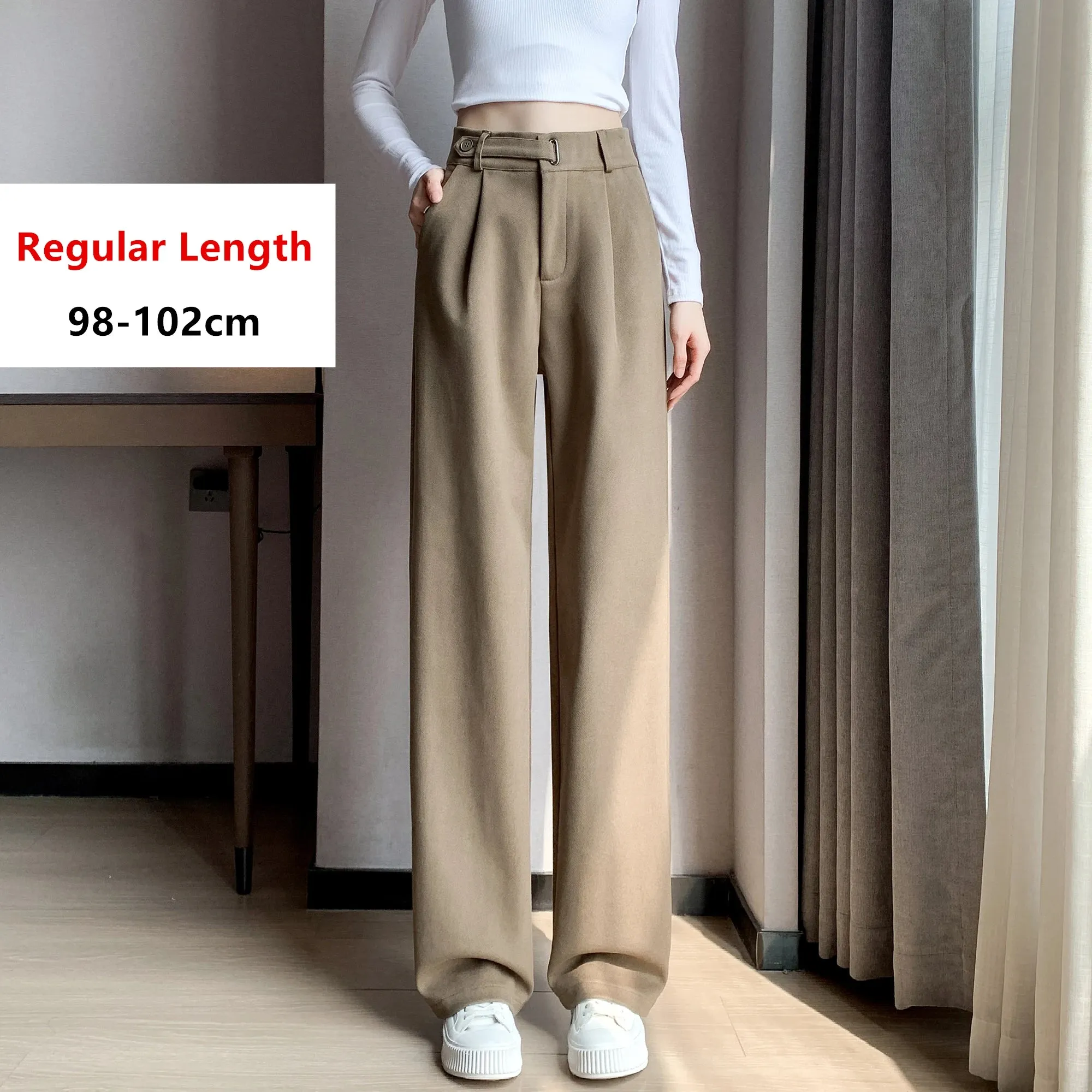 Women's Winter Thicken Woolen Pants with High Waist, Pleated Front and Pockets for Casual Comfort